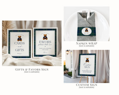 Preppy Bear Birthday Bundle Printable Template, Old Money Teddy Bear Birthday Party, Tartan Plaid Party Decorations WP1079