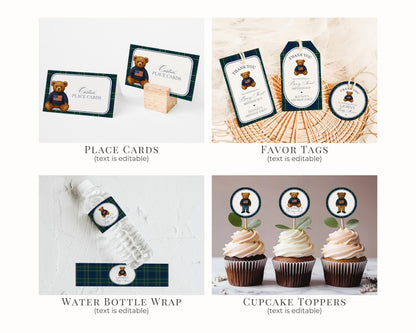 Preppy Bear Birthday Bundle Printable Template, Old Money Teddy Bear Birthday Party, Tartan Plaid Party Decorations WP1079