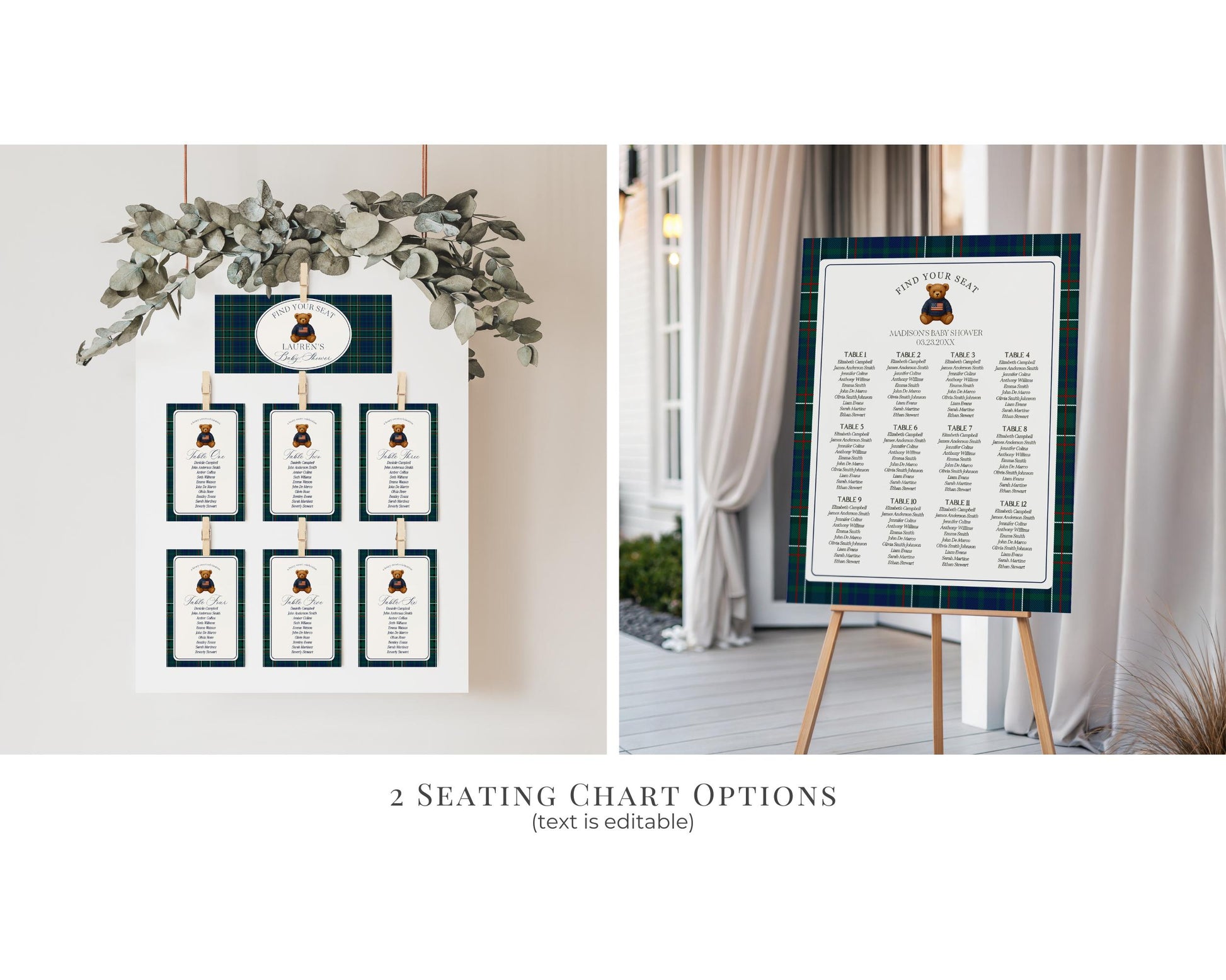 Preppy Bear Birthday Bundle Printable Template, Old Money Teddy Bear Birthday Party, Tartan Plaid Party Decorations WP1079