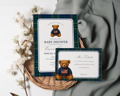 Preppy Bear Baby Shower Invitation Printable Template, We Can Bearly Wait Old Money Baby Sprinkle, Tartan Plaid Nesting Party WP1079