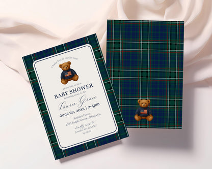 Preppy Bear Baby Shower Invitation Printable Template, We Can Bearly Wait Old Money Baby Sprinkle, Tartan Plaid Nesting Party WP1079