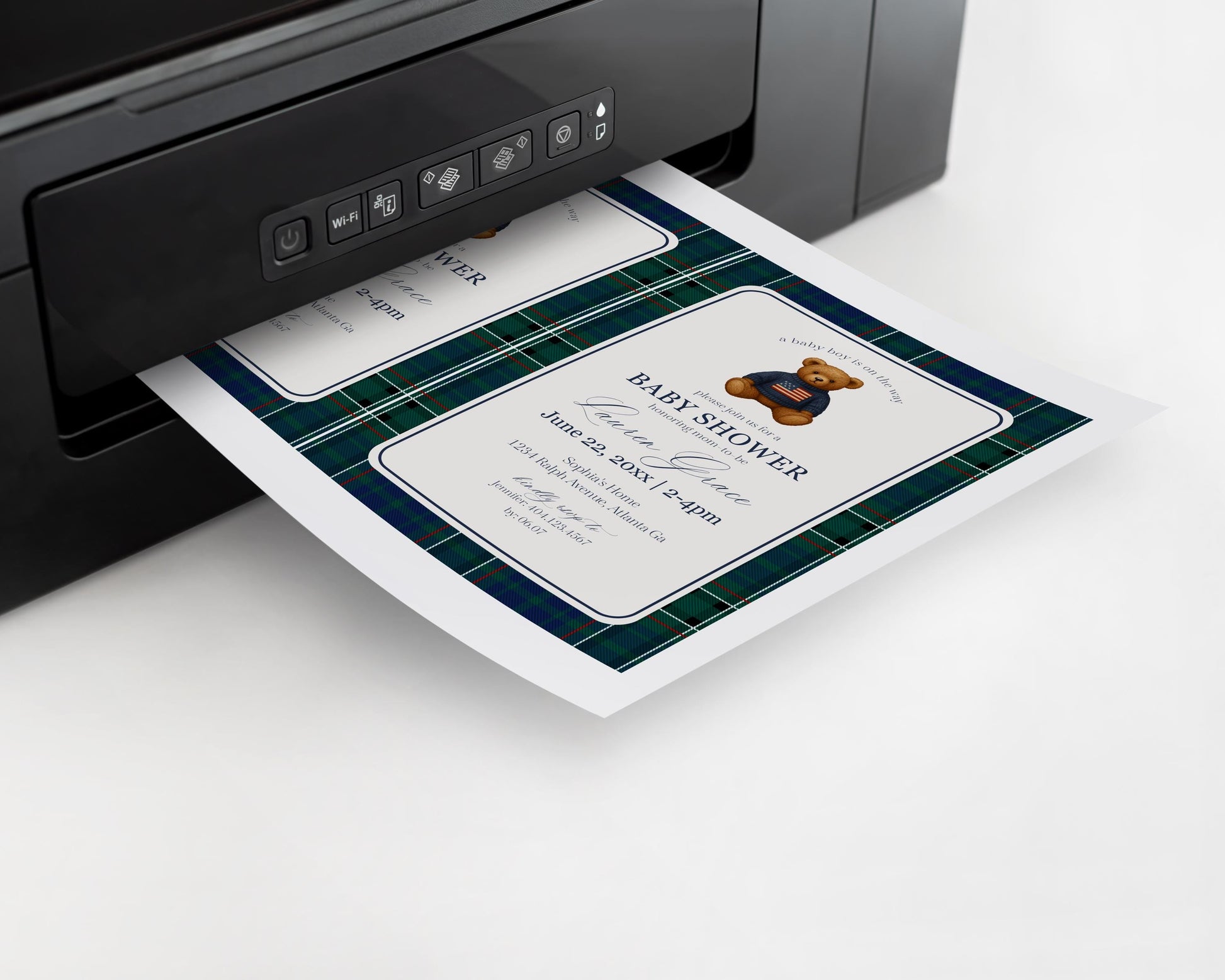 Preppy Bear Baby Shower Invitation Printable Template, We Can Bearly Wait Old Money Baby Sprinkle, Tartan Plaid Nesting Party WP1079