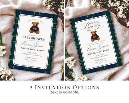 Preppy Bear Baby Shower Invitation Printable Template, We Can Bearly Wait Old Money Baby Sprinkle, Tartan Plaid Nesting Party WP1079