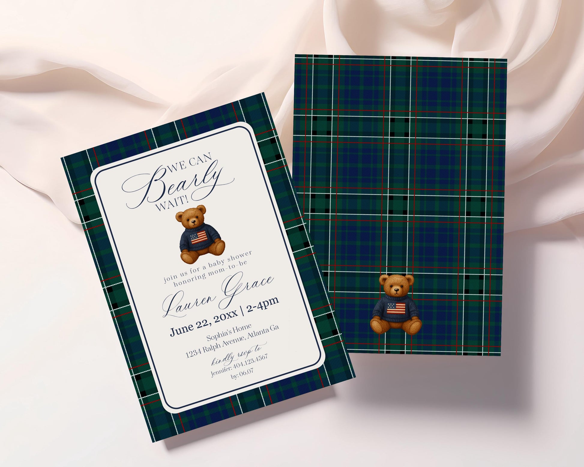 Preppy Bear Baby Shower Invitation Printable Template, We Can Bearly Wait Old Money Baby Sprinkle, Tartan Plaid Nesting Party WP1079