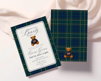 Preppy Bear Baby Shower Invitation Printable Template, We Can Bearly Wait Old Money Baby Sprinkle, Tartan Plaid Nesting Party WP1079