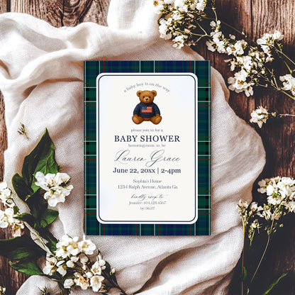 Preppy Bear Baby Shower Invitation Printable Template, We Can Bearly Wait Old Money Baby Sprinkle, Tartan Plaid Nesting Party WP1079