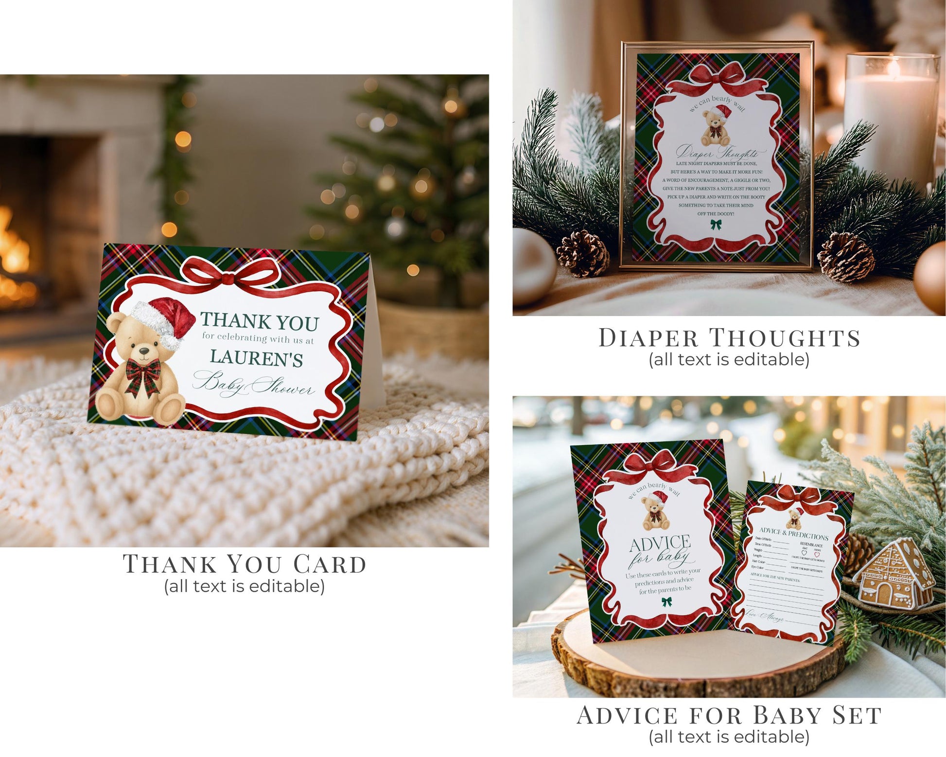 Green Tartan Plaid Christmas Bear Baby Shower Bundle Template, We Can Bearly Wait Christmas Baby Sprinkle, December Nesting Party WP1083