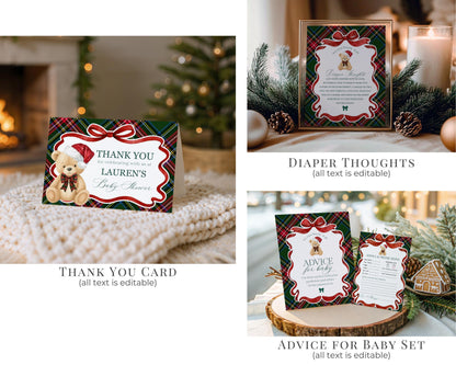 Green Tartan Plaid Christmas Bear Baby Shower Bundle Template, We Can Bearly Wait Christmas Baby Sprinkle, December Nesting Party WP1083