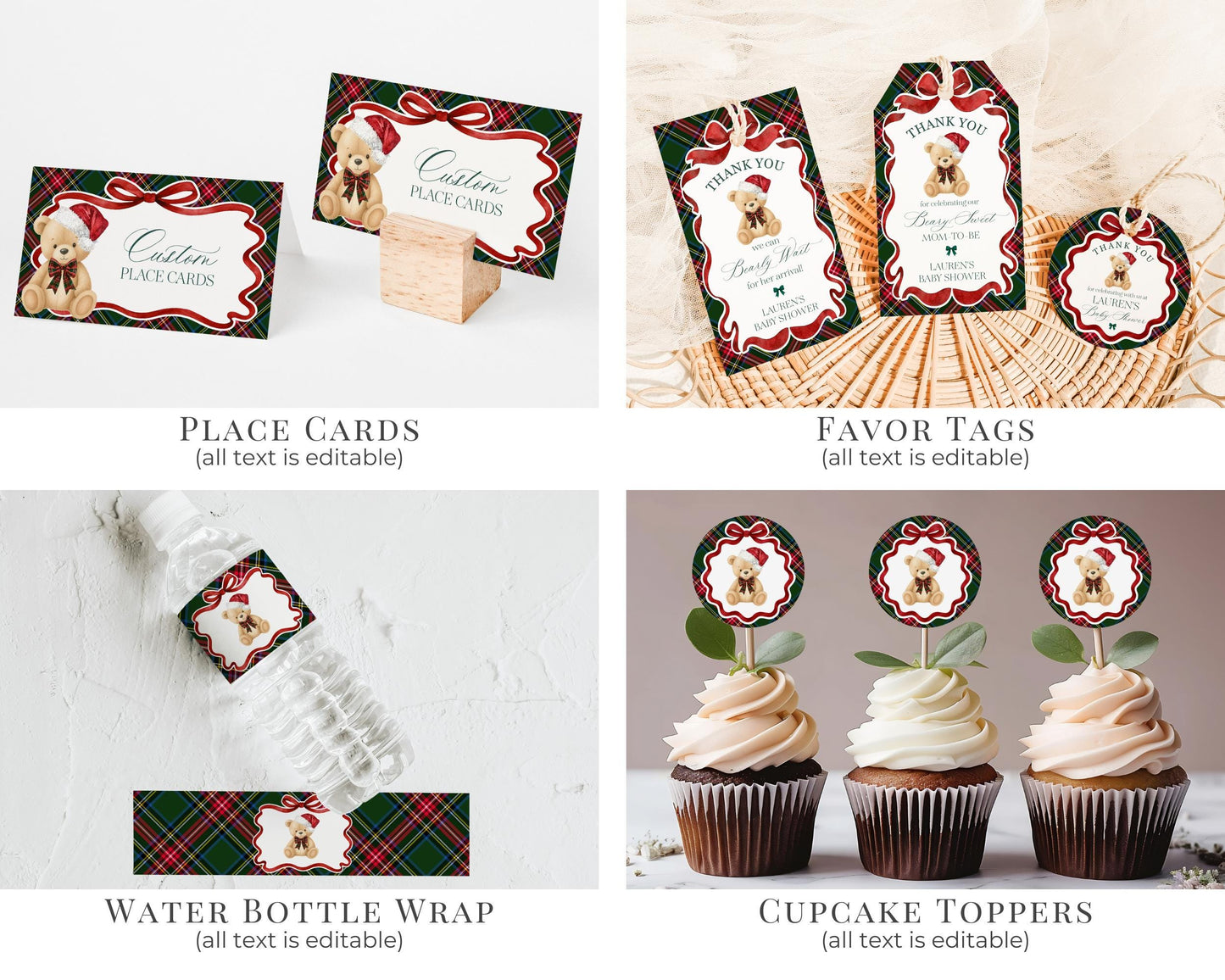 Green Tartan Plaid Christmas Bear Baby Shower Bundle Template, We Can Bearly Wait Christmas Baby Sprinkle, December Nesting Party WP1083