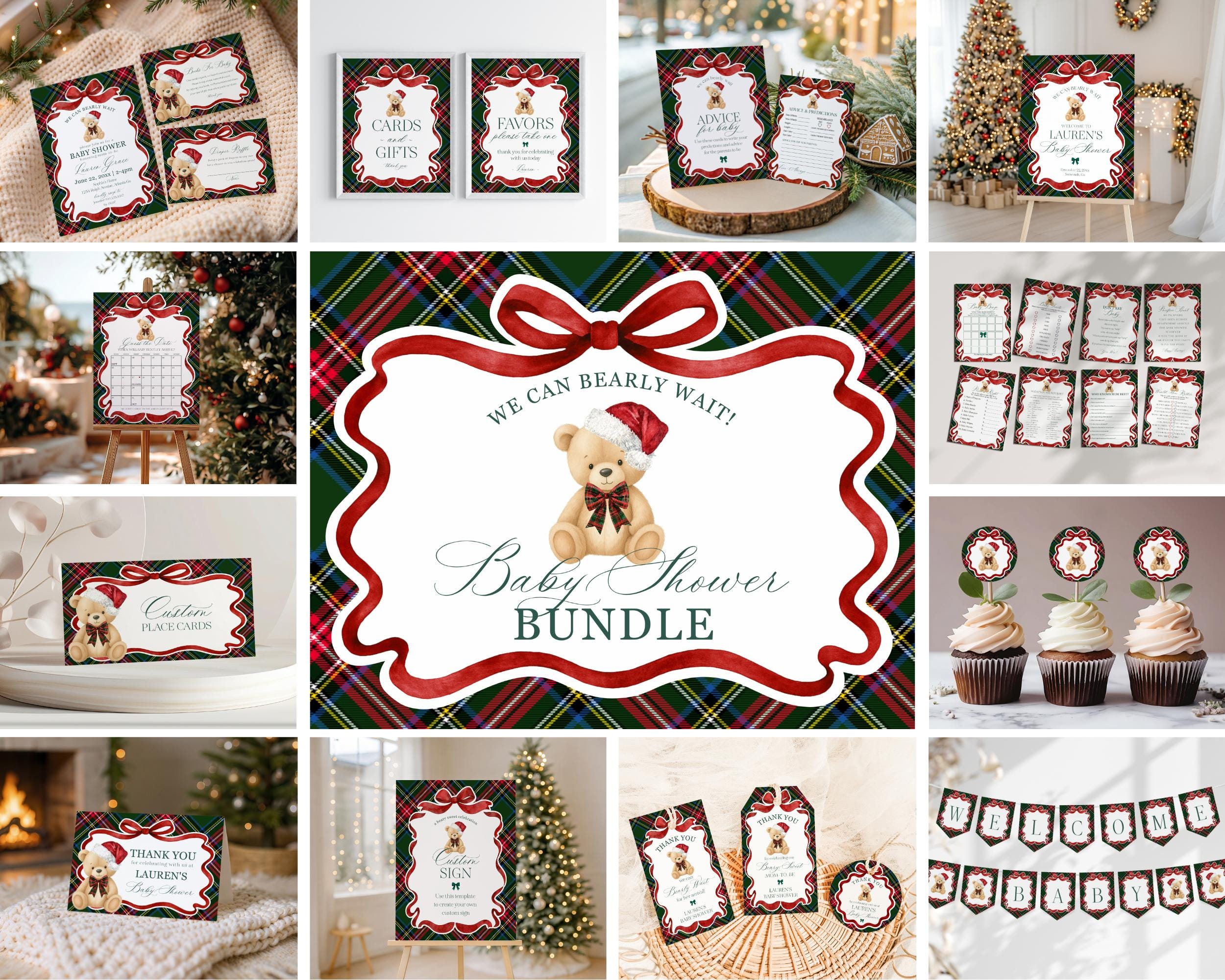 Green Tartan Plaid Christmas Bear Baby Shower Bundle Template, We Can Bearly Wait Christmas Baby Sprinkle, December Nesting Party WP1083