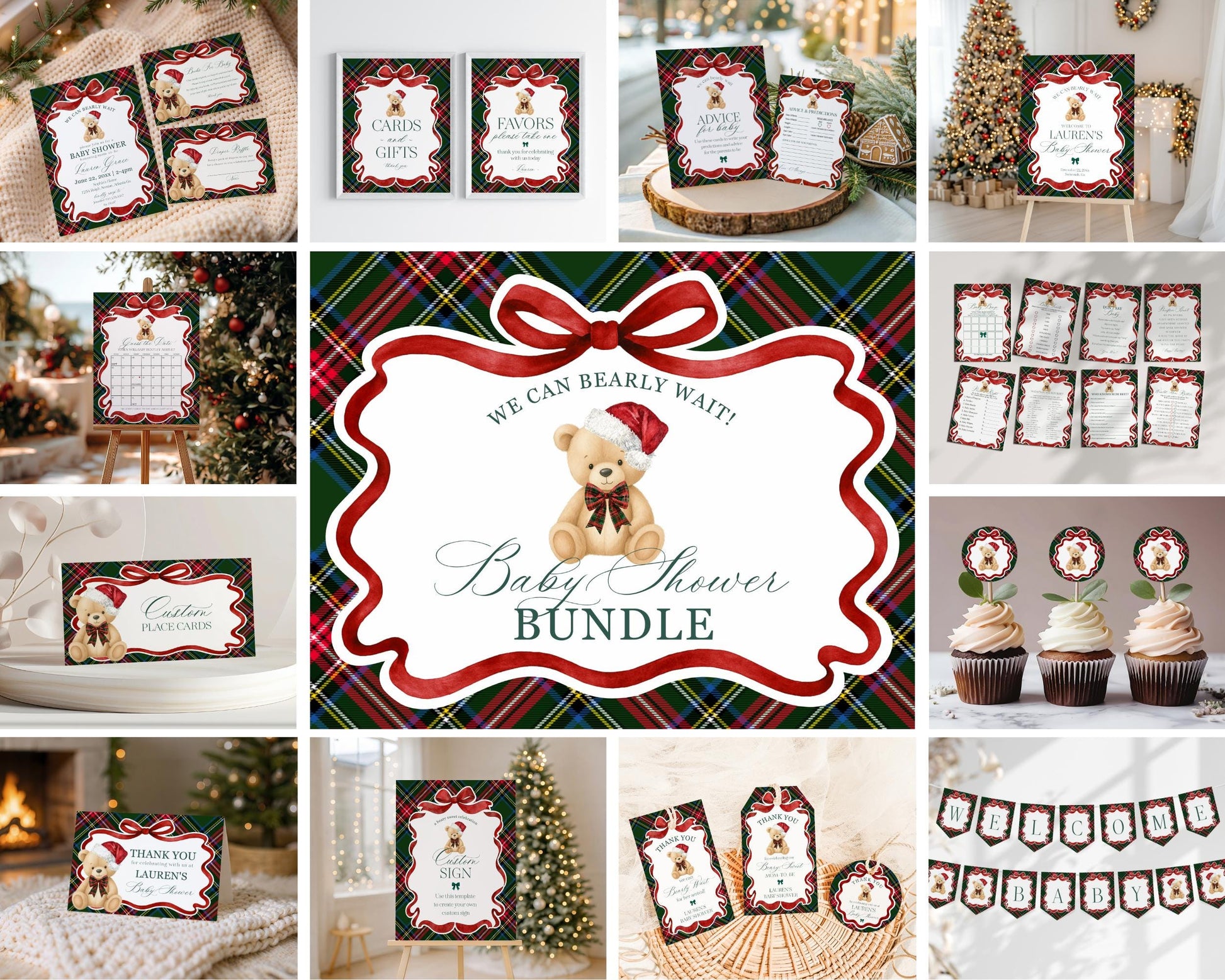 Green Tartan Plaid Christmas Bear Baby Shower Bundle Template, We Can Bearly Wait Christmas Baby Sprinkle, December Nesting Party WP1083