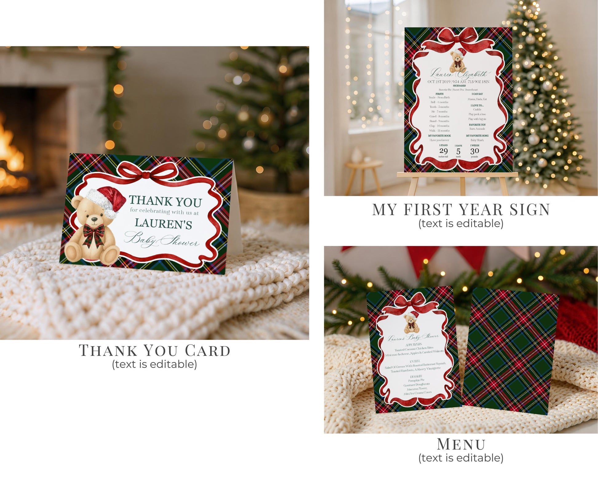 Green Tartan Plaid Christmas Bear 1st Birthday Bundle Template, Beary First Birthday Christmas Bday Party Decor, December Plaid Bear WP1083