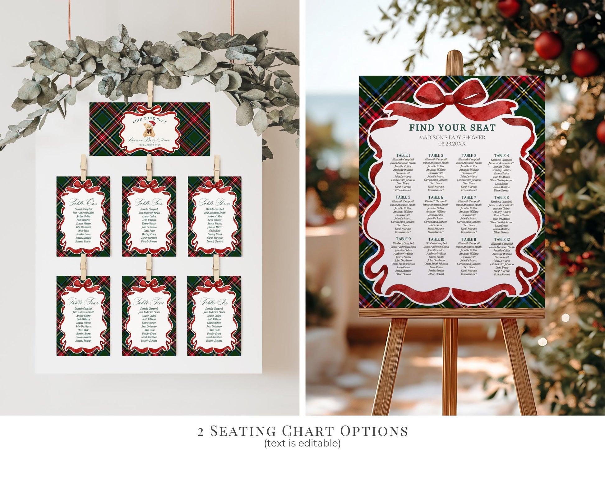 Green Tartan Plaid Christmas Bear 1st Birthday Bundle Template, Beary First Birthday Christmas Bday Party Decor, December Plaid Bear WP1083