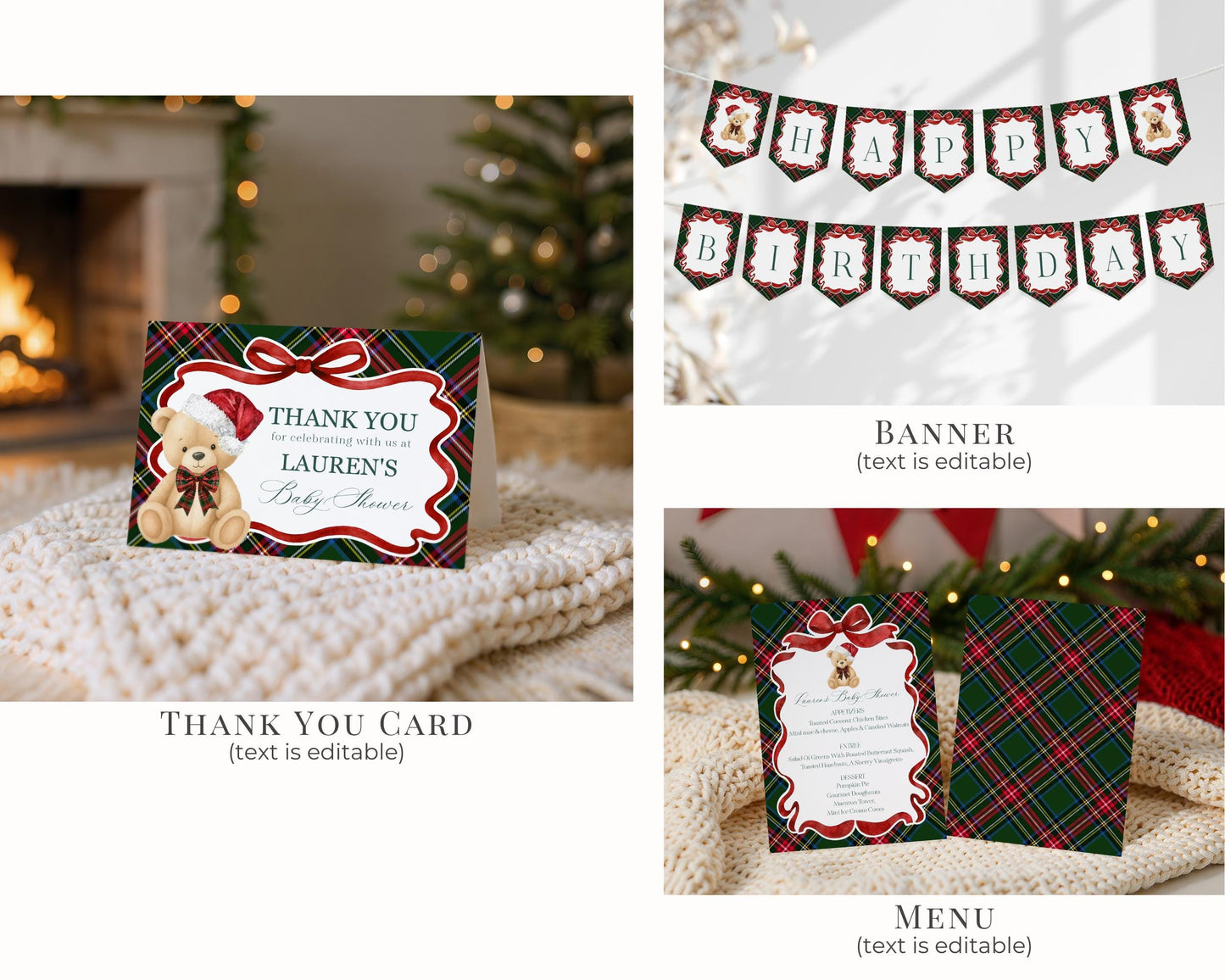 Green Tartan Plaid Christmas Bear Birthday Bundle Template, Christmas Teddy Bear Birthday Party, December Plaid Bear Party Decoration WP1083