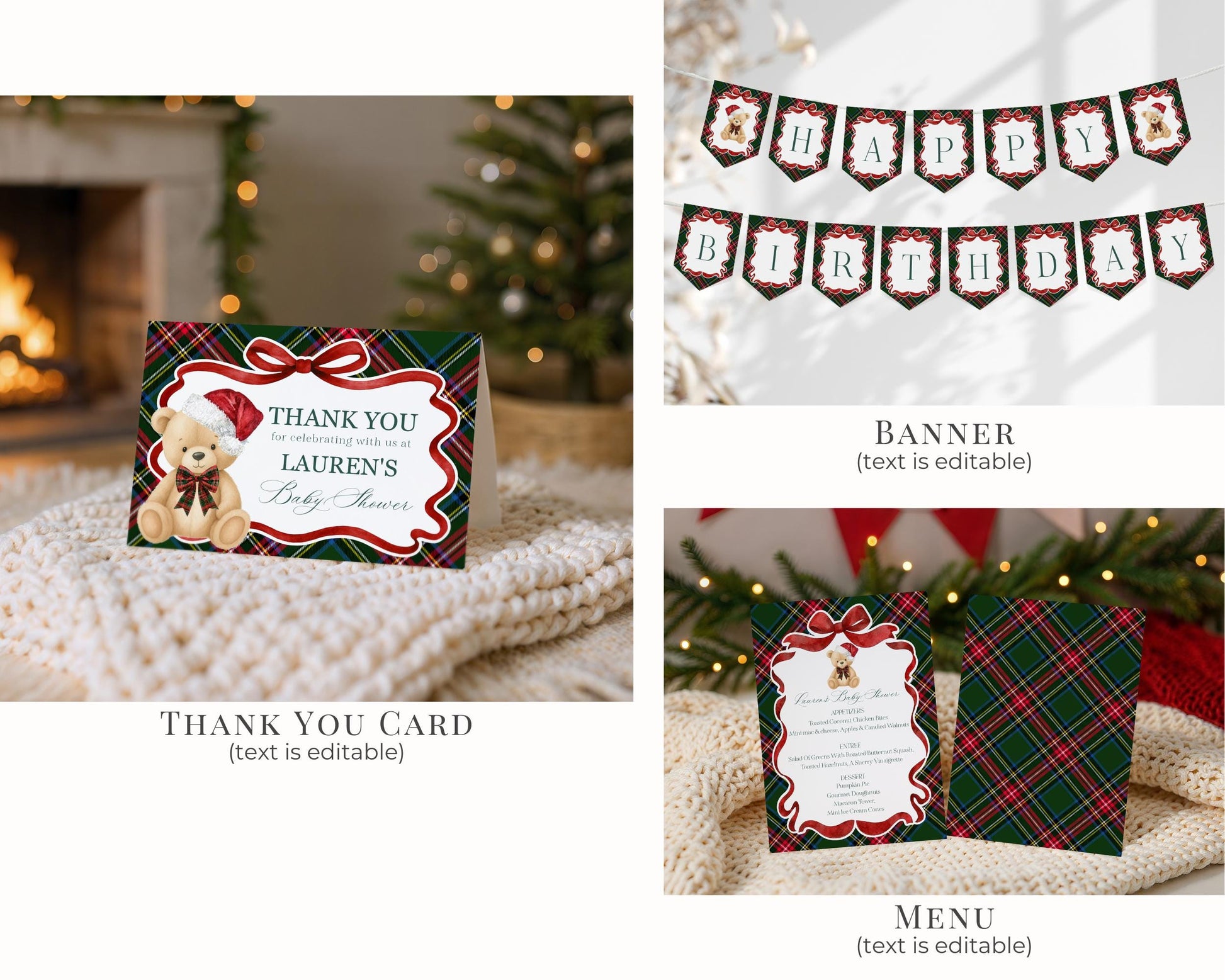 Green Tartan Plaid Christmas Bear Birthday Bundle Template, Christmas Teddy Bear Birthday Party, December Plaid Bear Party Decoration WP1083