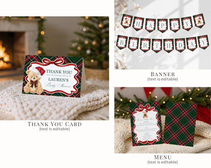 Green Tartan Plaid Christmas Bear Birthday Bundle Template, Christmas Teddy Bear Birthday Party, December Plaid Bear Party Decoration WP1083