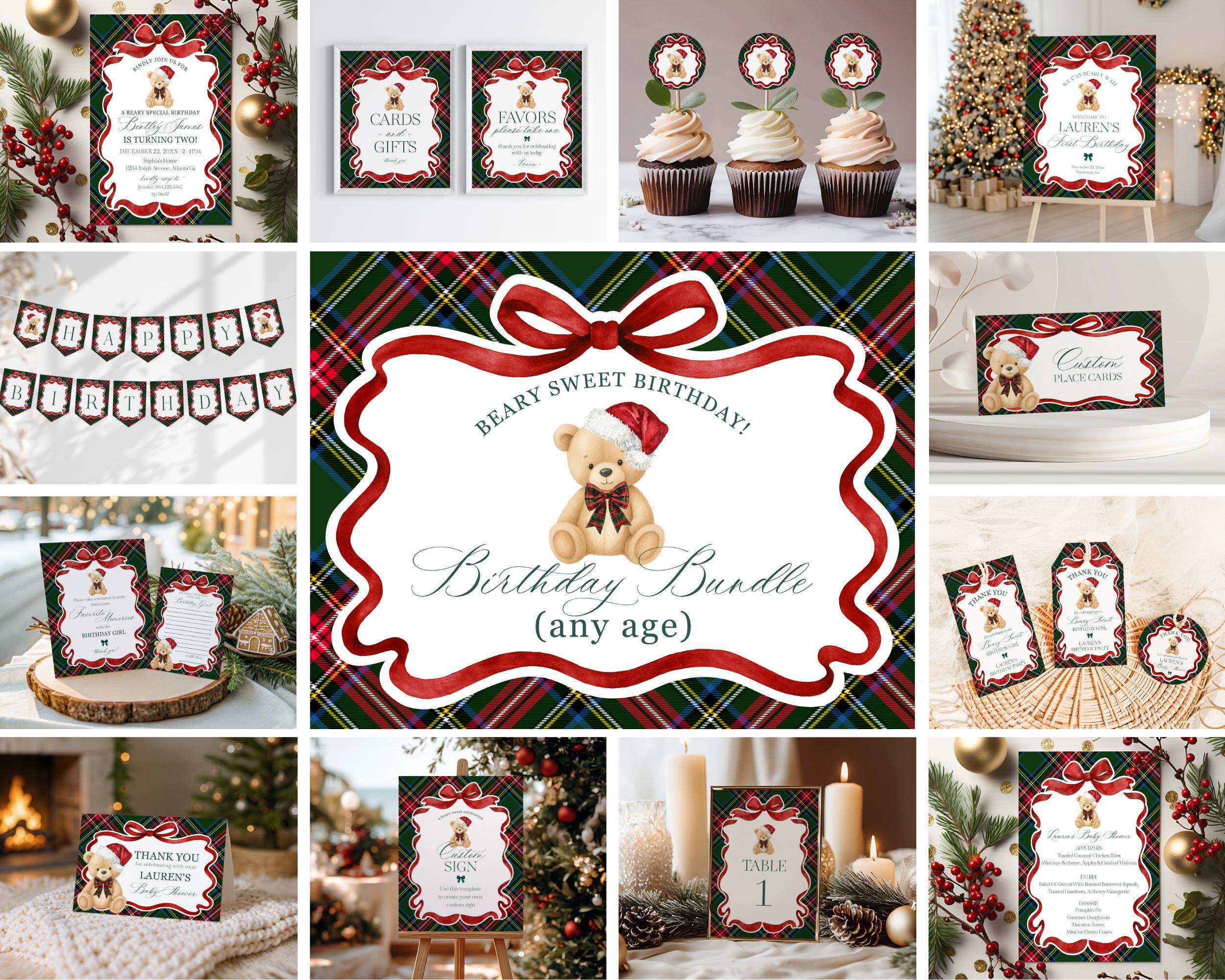 Green Tartan Plaid Christmas Bear Birthday Bundle Template, Christmas Teddy Bear Birthday Party, December Plaid Bear Party Decoration WP1083