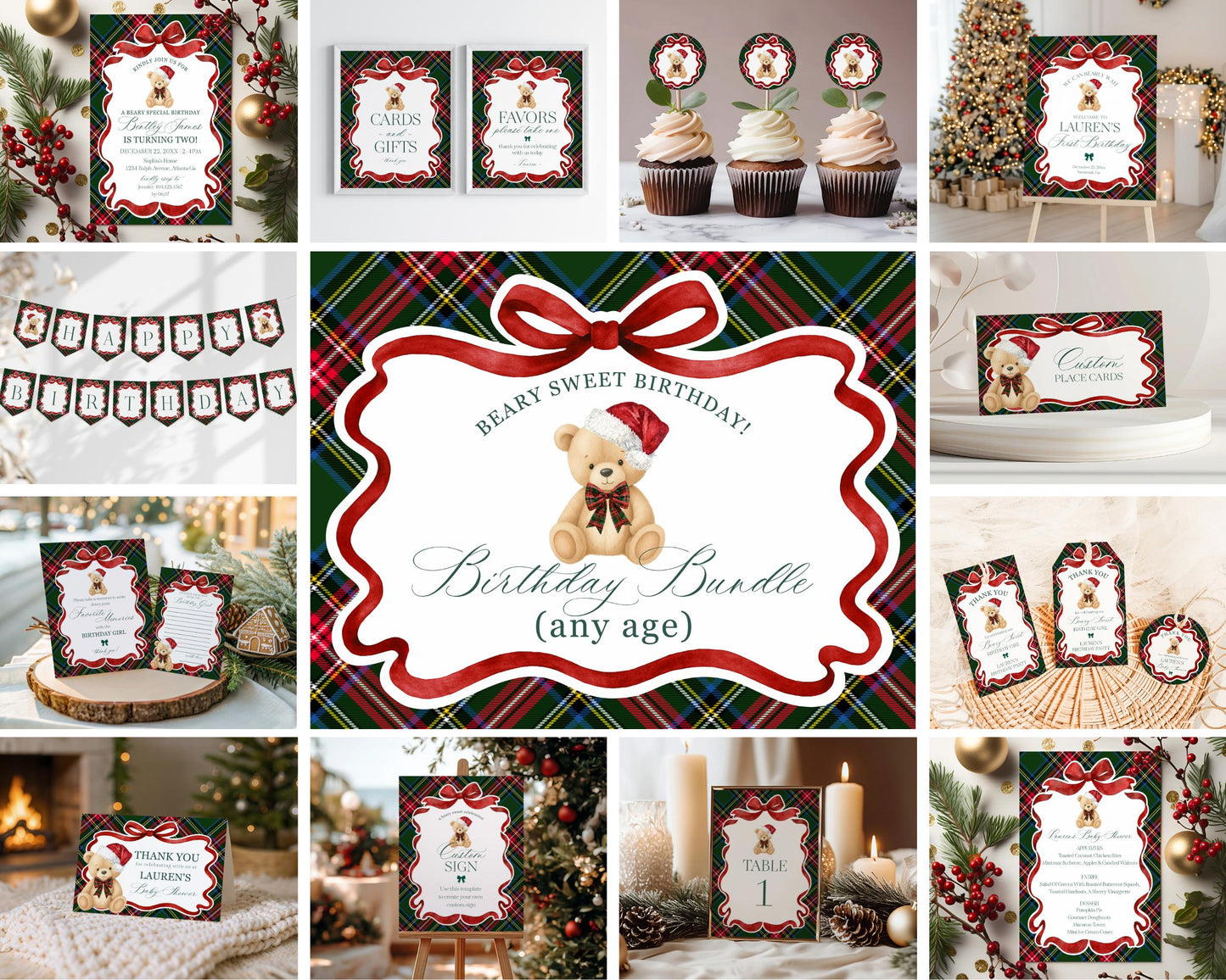 Green Tartan Plaid Christmas Bear Birthday Bundle Template, Christmas Teddy Bear Birthday Party, December Plaid Bear Party Decoration WP1083
