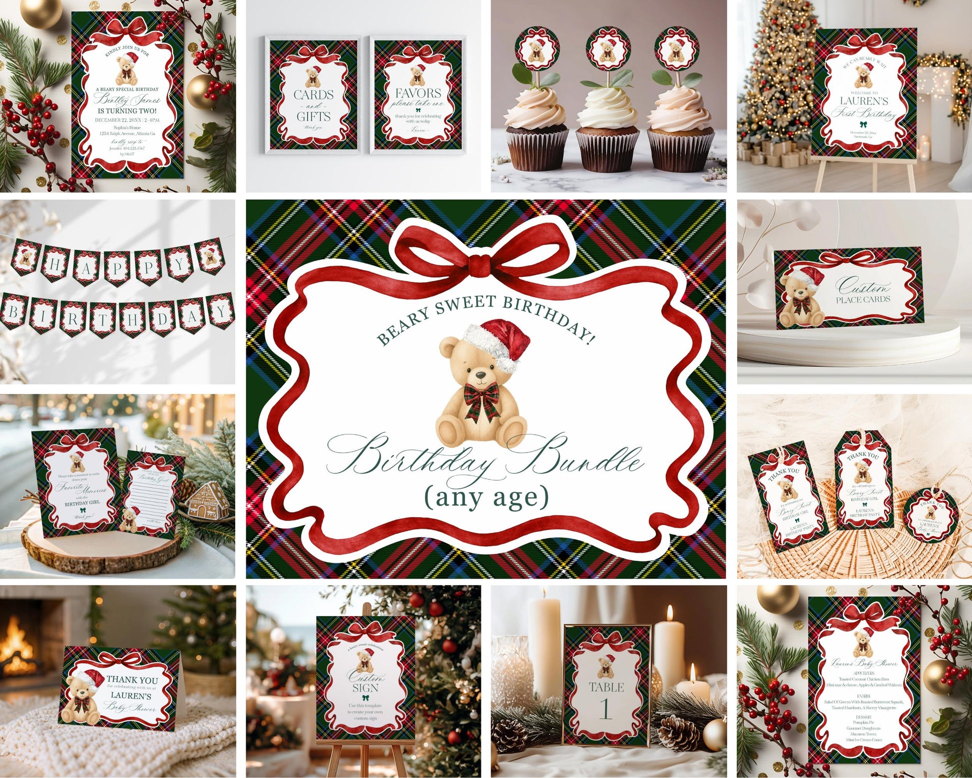 Green Tartan Plaid Christmas Bear Birthday Bundle Template, Christmas Teddy Bear Birthday Party, December Plaid Bear Party Decoration WP1083