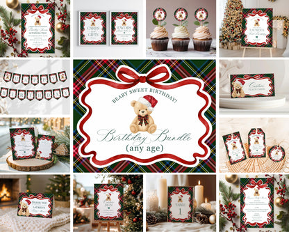 Green Tartan Plaid Christmas Bear Birthday Bundle Template, Christmas Teddy Bear Birthday Party, December Plaid Bear Party Decoration WP1083