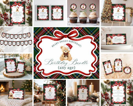 Green Tartan Plaid Christmas Bear Birthday Bundle Template, Christmas Teddy Bear Birthday Party, December Plaid Bear Party Decoration WP1083