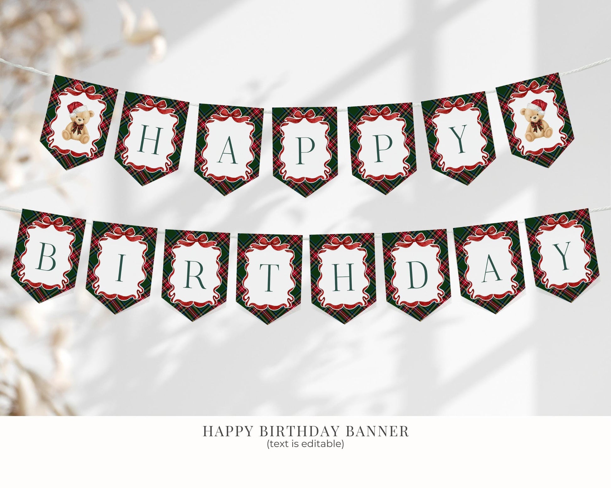 Green Tartan Plaid Christmas Bear Birthday Bundle Template, Christmas Teddy Bear Birthday Party, December Plaid Bear Party Decoration WP1083