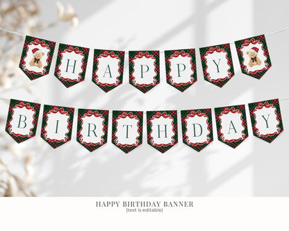 Green Tartan Plaid Christmas Bear Birthday Bundle Template, Christmas Teddy Bear Birthday Party, December Plaid Bear Party Decoration WP1083