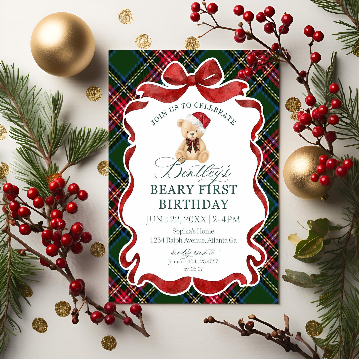 Green Tartan Plaid Christmas Bear 1st Birthday Bundle Template, Beary First Birthday Christmas Bday Party Decor, December Plaid Bear WP1083