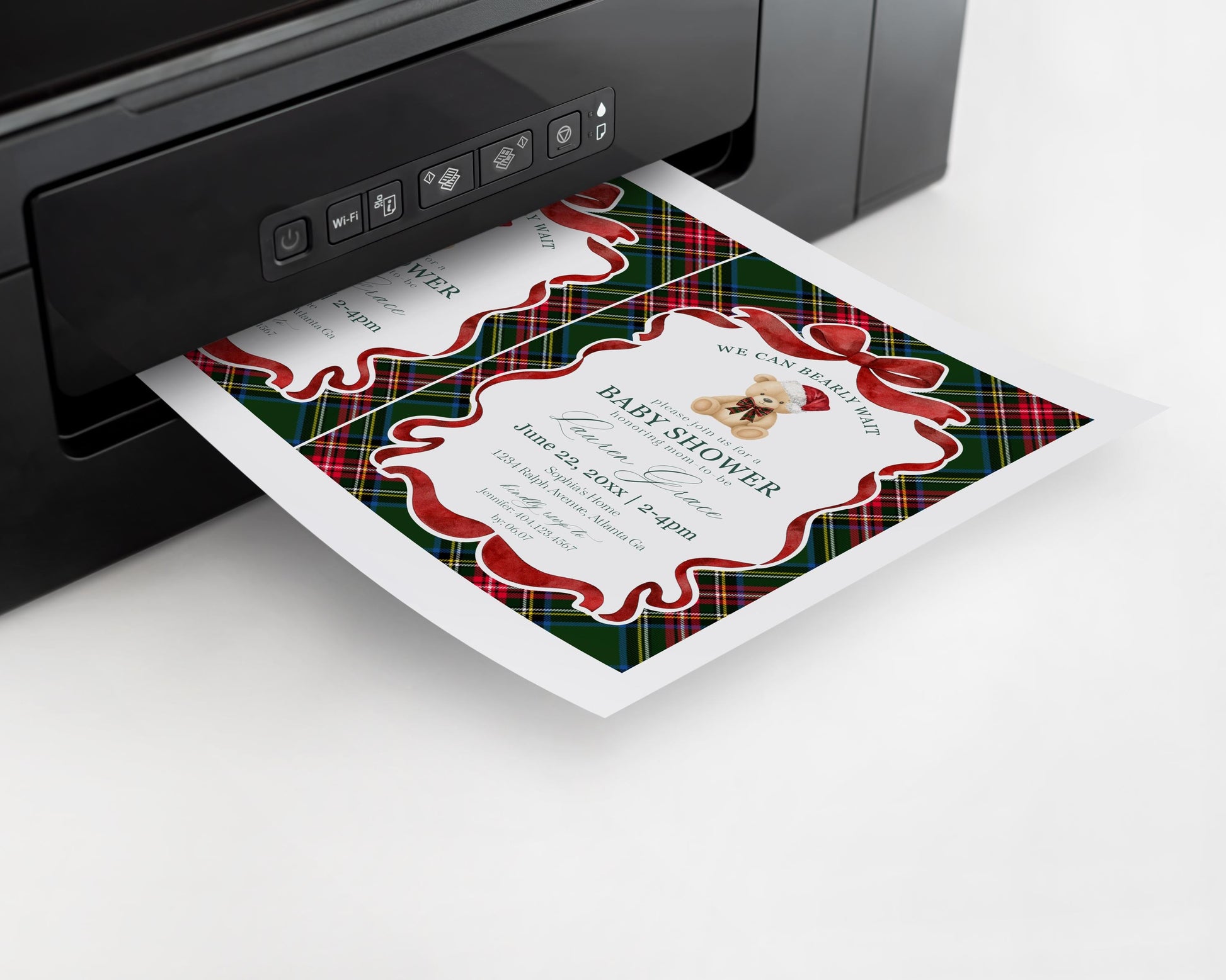 Green Tartan Plaid Christmas Bear Baby Shower Invitation Template, We Can Bearly Wait Christmas Baby Sprinkle, December Nesting Party WP1083