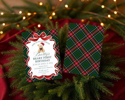 Green Tartan Plaid Christmas Bear 1st Birthday Invite Template, Beary First Birthday Christmas Birthday Party Decor, December Party WP1083
