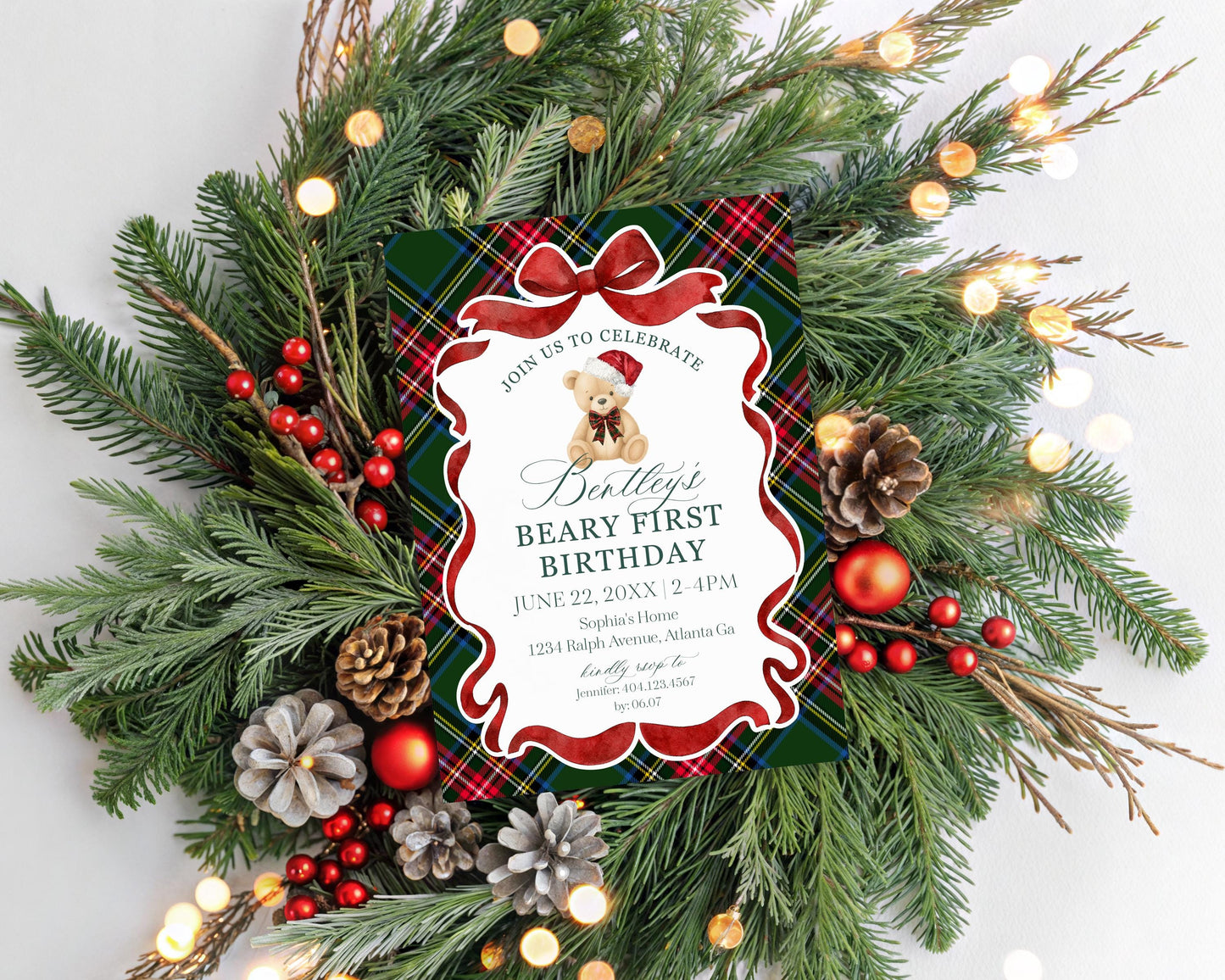 Green Tartan Plaid Christmas Bear 1st Birthday Invite Template, Beary First Birthday Christmas Birthday Party Decor, December Party WP1083
