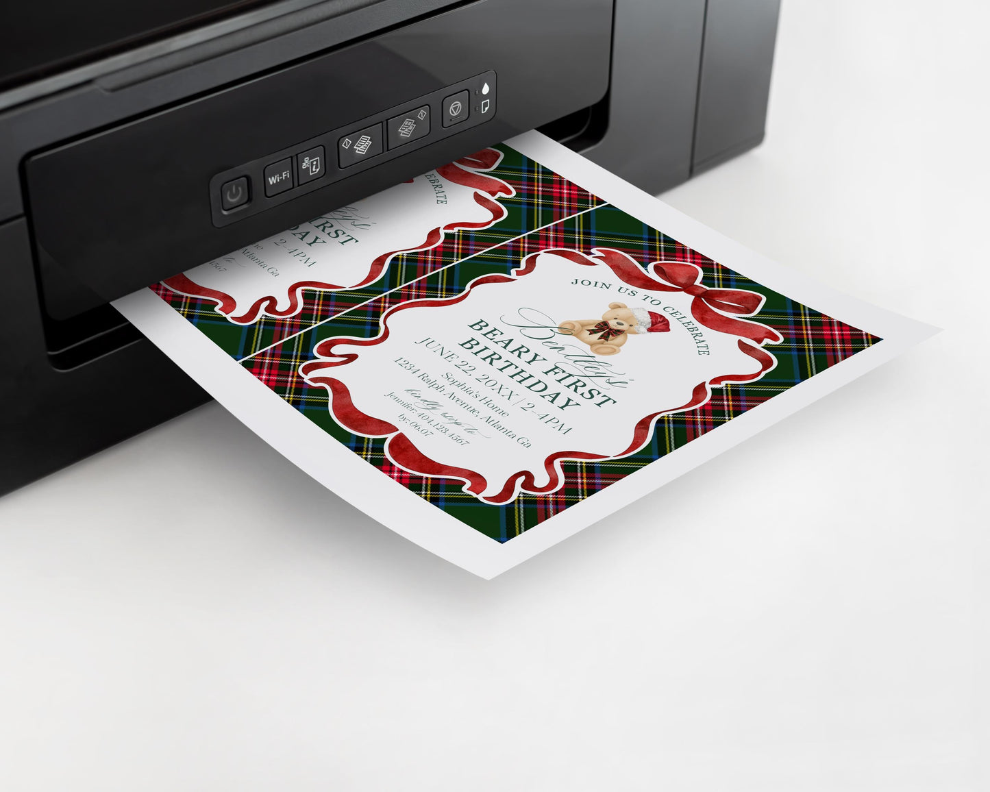 Green Tartan Plaid Christmas Bear 1st Birthday Invite Template, Beary First Birthday Christmas Birthday Party Decor, December Party WP1083