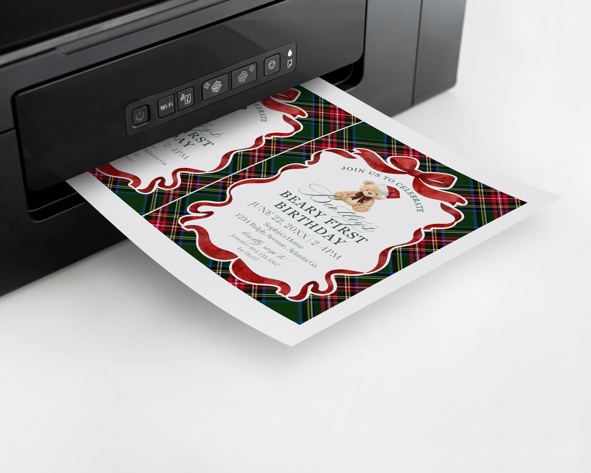 Green Tartan Plaid Christmas Bear 1st Birthday Invite Template, Beary First Birthday Christmas Birthday Party Decor, December Party WP1083