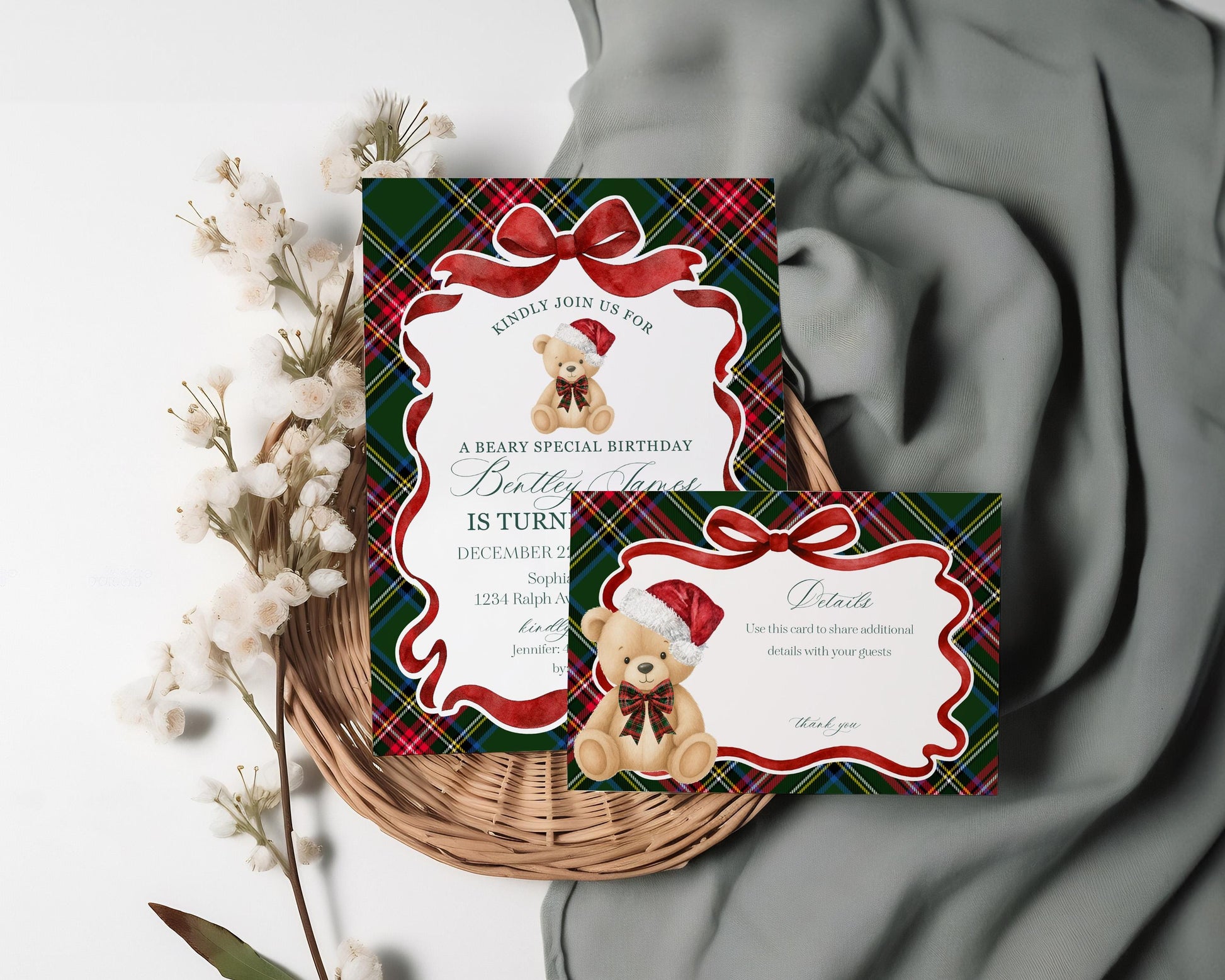 Green Tartan Plaid Christmas Bear Birthday Invite Printable Template, Christmas Teddy Bear Birthday Party, December Beary Merry Party WP1083