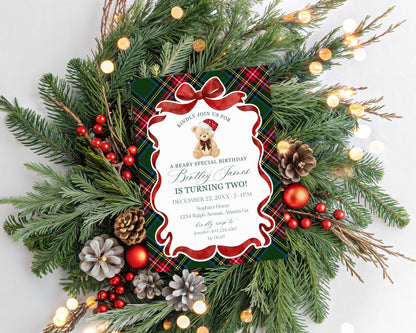 Green Tartan Plaid Christmas Bear Birthday Invite Printable Template, Christmas Teddy Bear Birthday Party, December Beary Merry Party WP1083