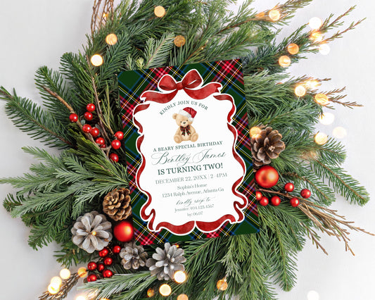 Green Tartan Plaid Christmas Bear Birthday Invite Printable Template, Christmas Teddy Bear Birthday Party, December Beary Merry Party WP1083