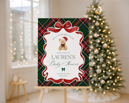 Green Tartan Plaid Christmas Bear Baby Shower Welcome Sign Template, We Can Bearly Wait Christmas Baby Sprinkle, December Nesting WP1083