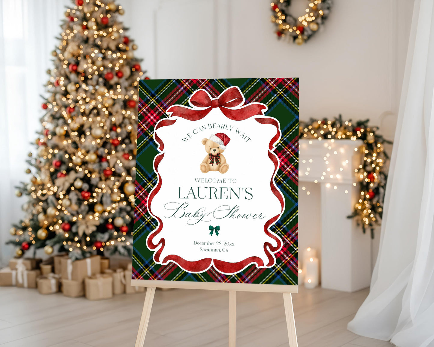 Green Tartan Plaid Christmas Bear Baby Shower Welcome Sign Template, We Can Bearly Wait Christmas Baby Sprinkle, December Nesting WP1083