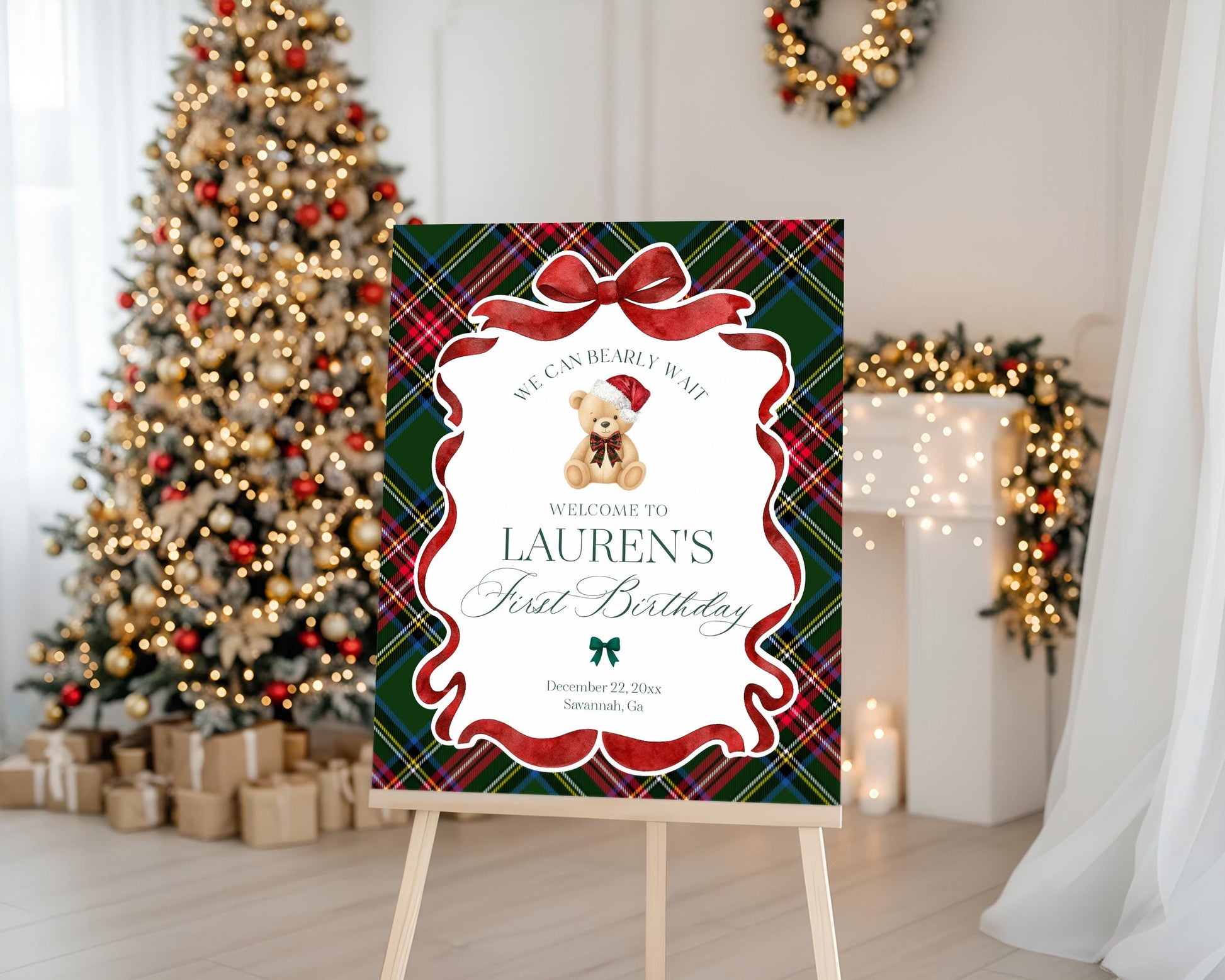 Green Tartan Plaid Christmas Bear Birthday Party Welcome Sign Template, Beary First Birthday December Christmas Bday Party Decor WP1083