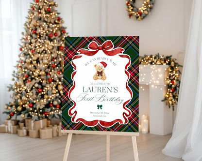 Green Tartan Plaid Christmas Bear Birthday Party Welcome Sign Template, Beary First Birthday December Christmas Bday Party Decor WP1083
