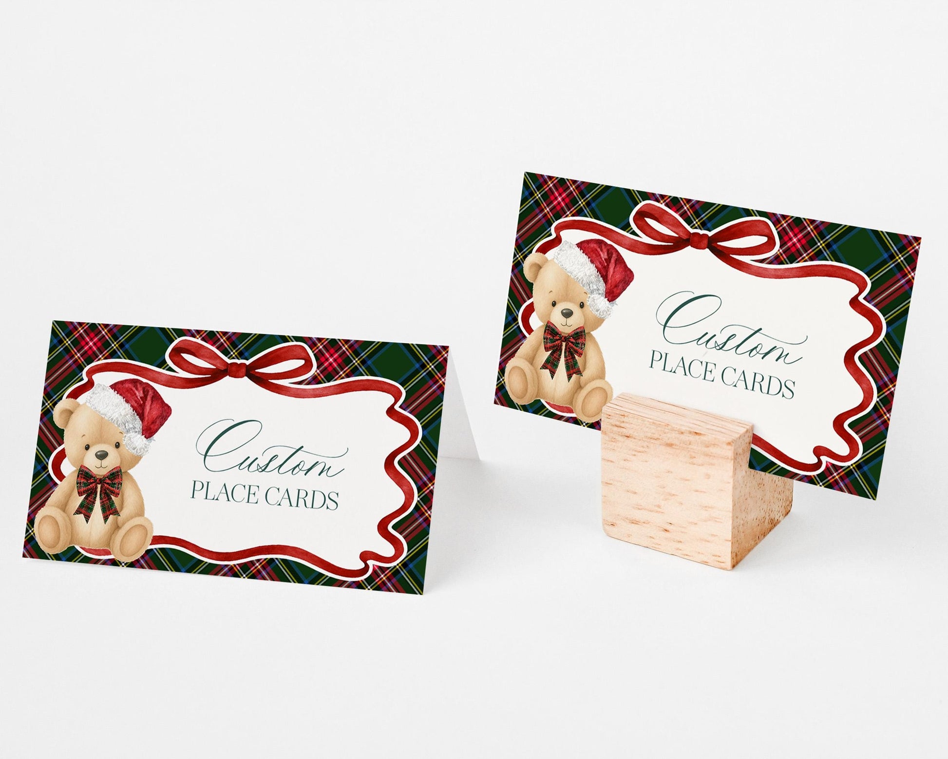 Green Tartan Plaid Christmas Bear Place Cards Template, We Can Bearly Wait Christmas Baby Shower, Beary First Birthday December Party WP1083