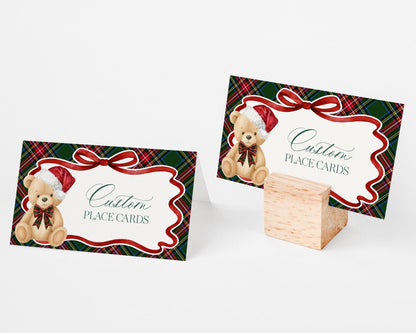 Green Tartan Plaid Christmas Bear Place Cards Template, We Can Bearly Wait Christmas Baby Shower, Beary First Birthday December Party WP1083