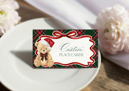 Green Tartan Plaid Christmas Bear Place Cards Template, We Can Bearly Wait Christmas Baby Shower, Beary First Birthday December Party WP1083
