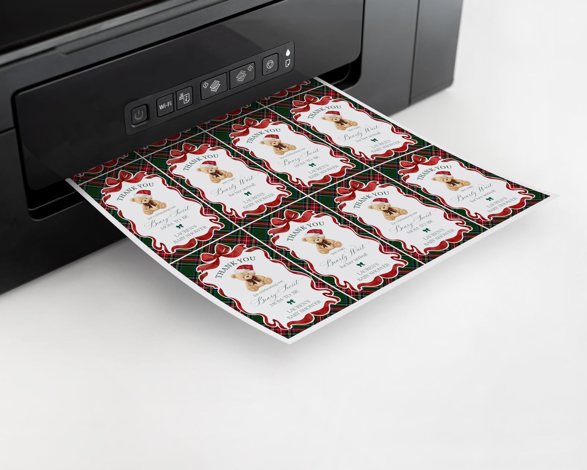 Green Tartan Plaid Christmas Bear Baby Shower Favor Tags Template, We Can Bearly Wait Christmas Baby Sprinkle, December Nesting Party WP1083