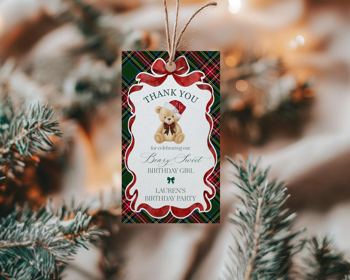 Green Tartan Plaid Christmas Bear Birthday Party Favor Tags Template, Beary First Birthday Christmas December Party Decor WP1083