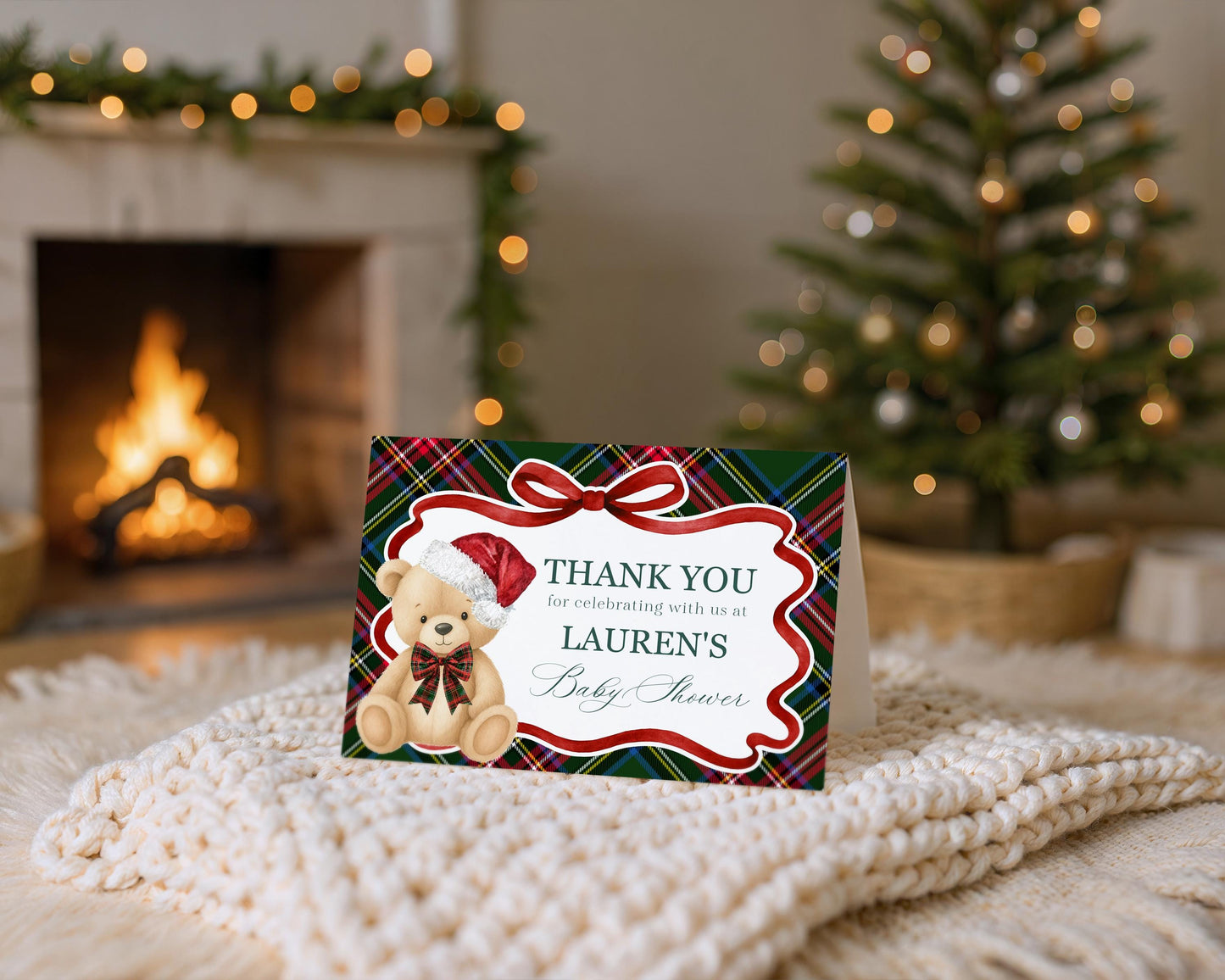 Green Tartan Plaid Christmas Bear Thank You Card Template, We Can Bearly Wait Christmas Baby Shower, December Beary First Birthday WP1083