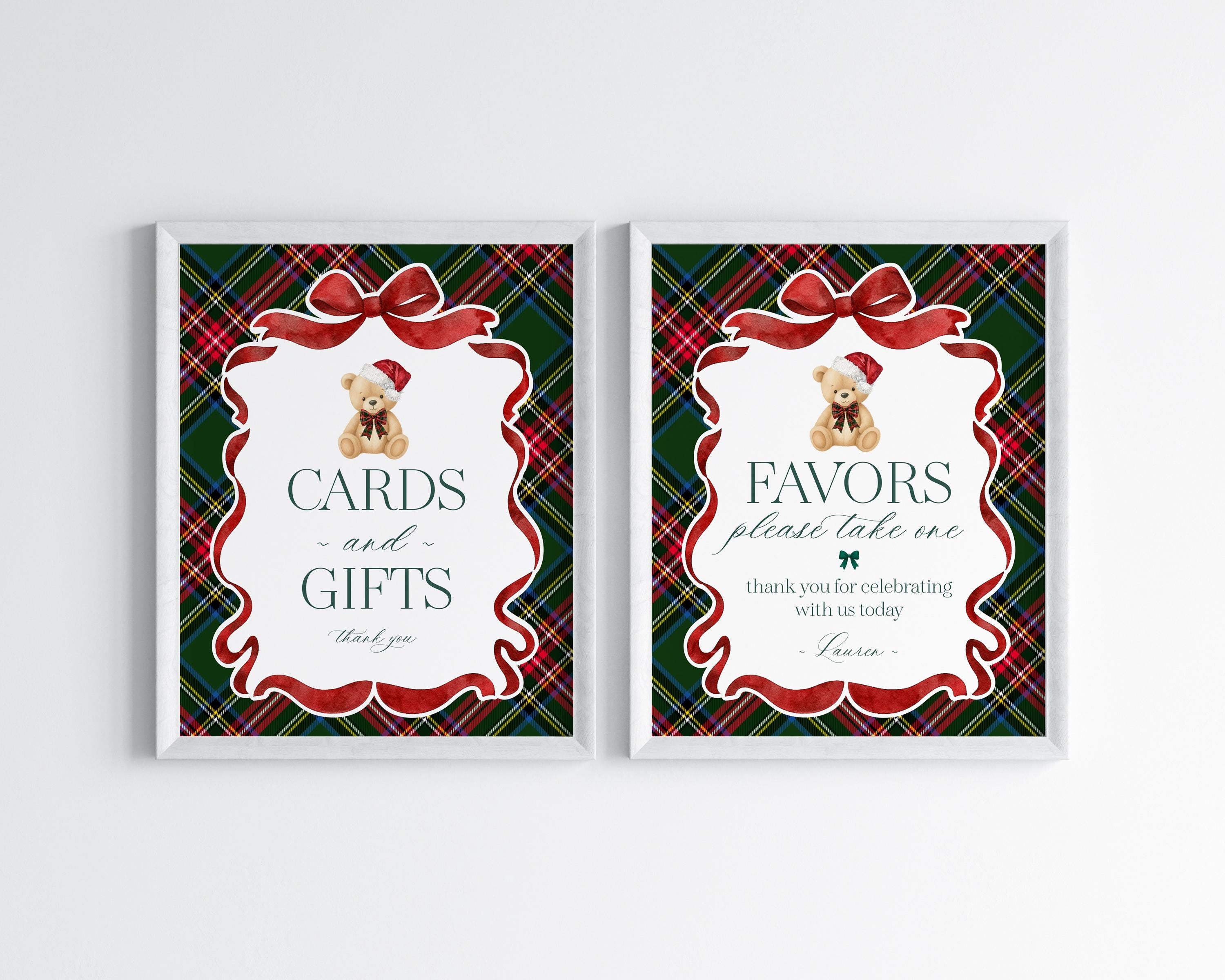 Green Tartan Plaid Christmas Bear Cards & Gifts and Favors Sign Template, We Can Bearly Wait Christmas Baby Shower, December Birthday WP1083