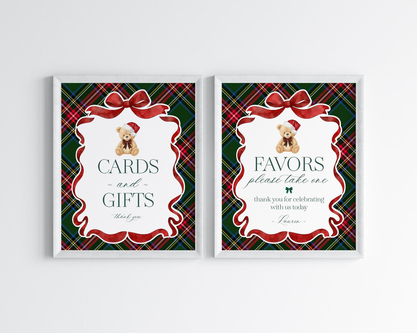Green Tartan Plaid Christmas Bear Cards & Gifts and Favors Sign Template, We Can Bearly Wait Christmas Baby Shower, December Birthday WP1083