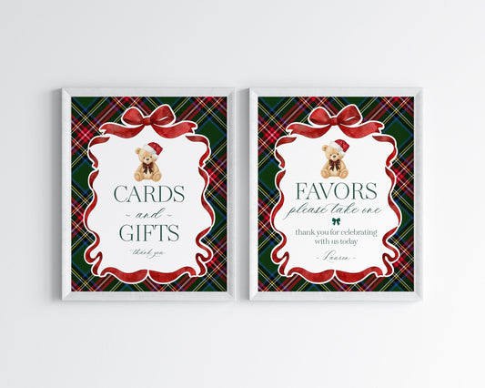Green Tartan Plaid Christmas Bear Cards & Gifts and Favors Sign Template, We Can Bearly Wait Christmas Baby Shower, December Birthday WP1083