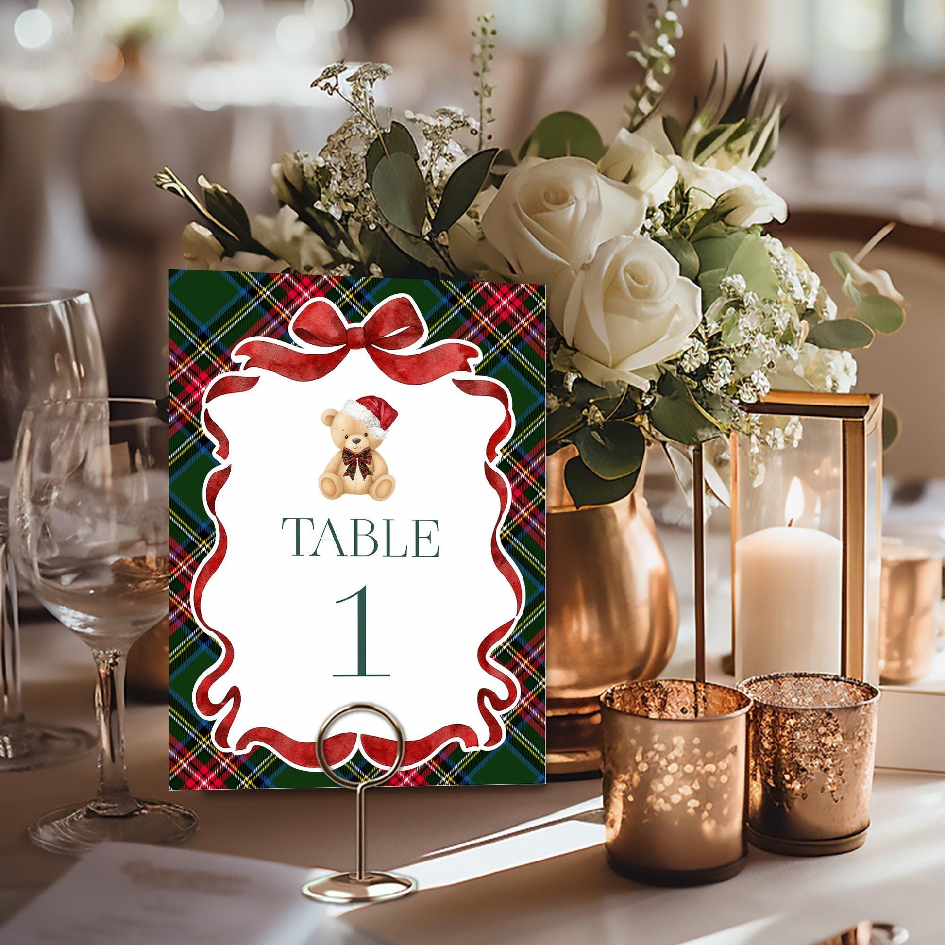 Green Tartan Plaid Christmas Bear Table Number Cards Template, We Can Bearly Wait Christmas Baby Shower December Beary First Birthday WP1083